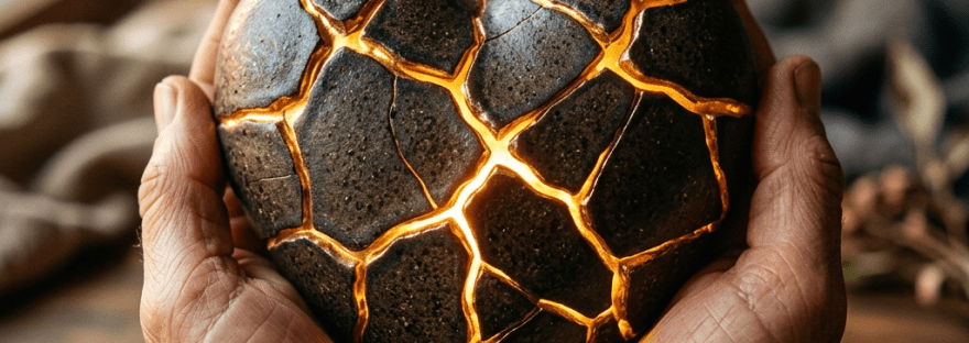 Hands holding a heart-shaped stone with golden cracks glowing warmly
