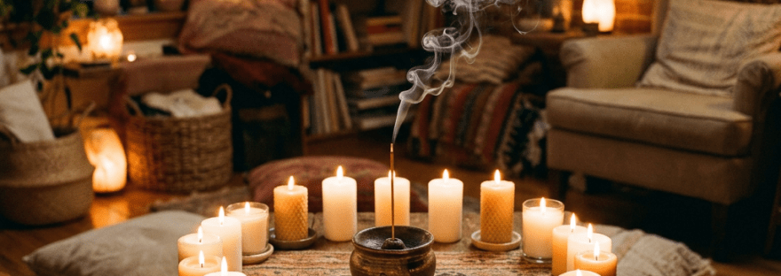 Circle of lit candles around a smoking incense holder on a wooden table in a cozy living room