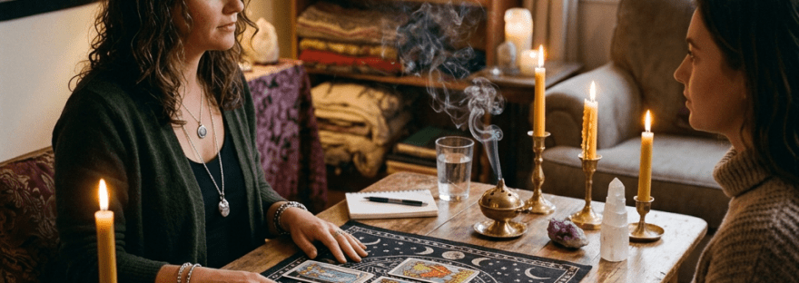 Two women sitting at a wooden table with tarot cards, candles, crystals, and incense during a tarot reading session