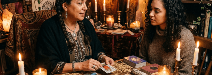 Candlelit spiritual consultation room with tarot and crystals
