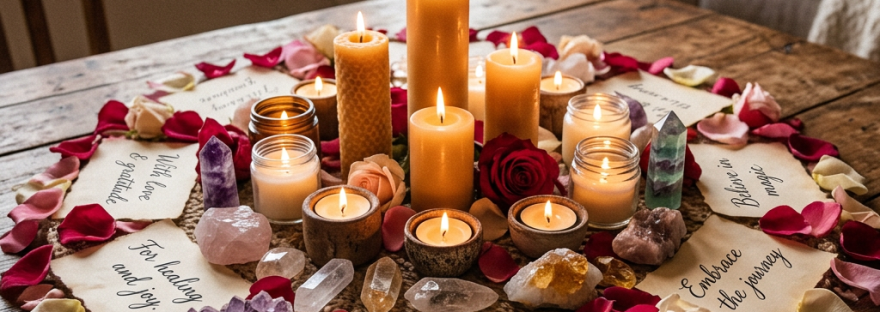 Circle of lit candles, crystals, rose petals, and hand-lettered intention notes on wooden table