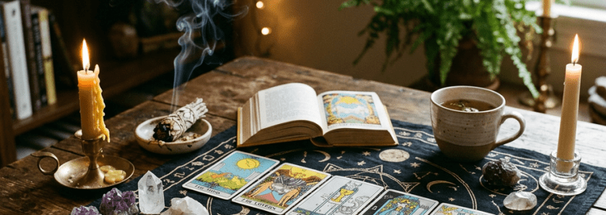 Tarot cards laid out on a cloth with crystals, candles, a book, and a cup on a wooden table