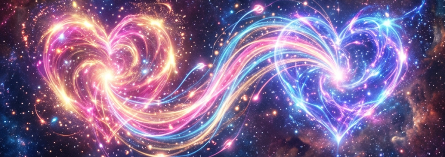 Two glowing neon hearts connected by colorful light streams in space filled with stars and galaxies