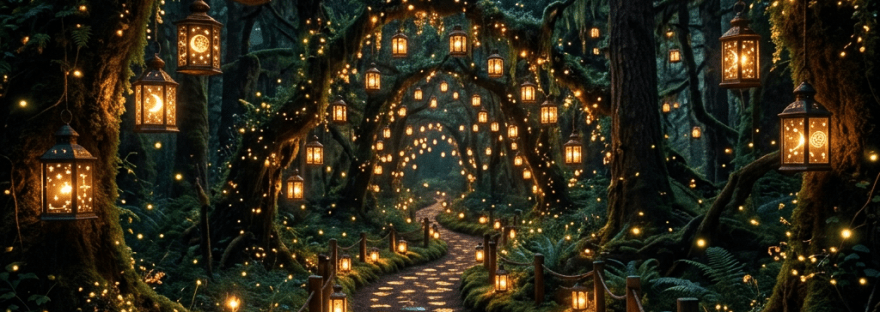 Forest path with hanging lanterns and glowing celestial symbols on the ground at night