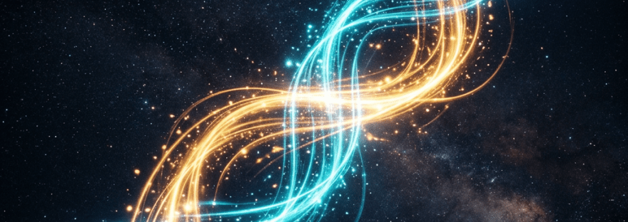 Intertwined blue and orange glowing strands forming a double helix shape in space