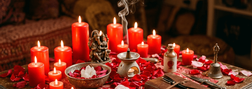 Red candles, crystals, incense burner emitting smoke, statue, and a journal on a wooden table