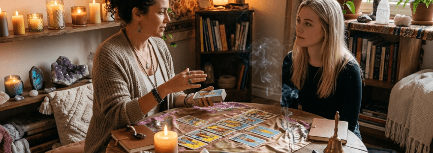 Two women sitting on cushions at a low wooden table with tarot cards, crystals, candles, and incense in a warm decorated room