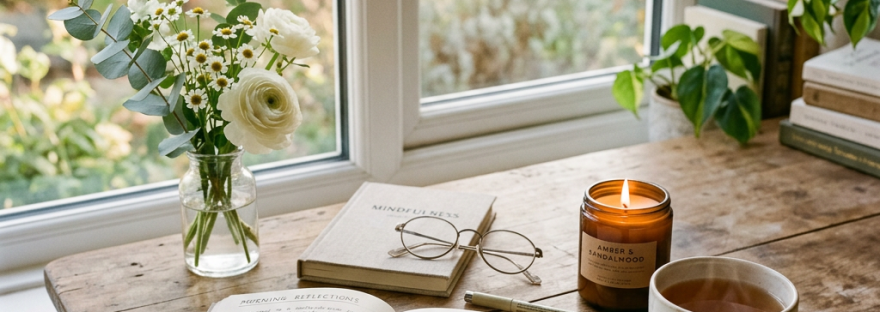 Journal open on wooden desk with candle, tea cup, flowers, and glasses