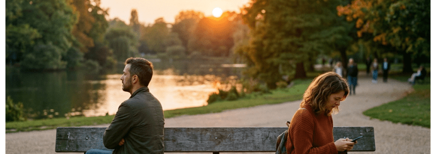 Man and woman sitting on opposite ends of a park bench, looking away from each other at sunset