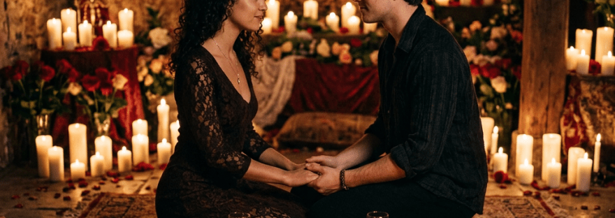 Couple sitting on floor holding hands surrounded by candles and roses