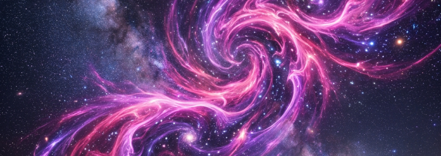 Swirling pink nebula with stars above mountain valley and river at night