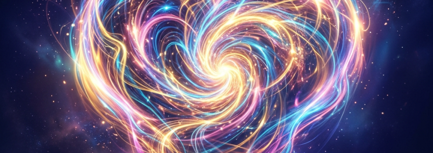 Heart-shaped swirl of vibrant glowing neon lines in blue, pink, and yellow