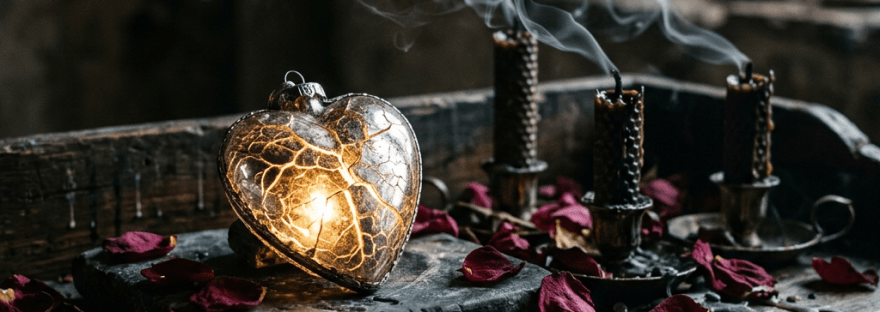 Heart-shaped light ornament glowing among smoldering candles and scattered rose petals on rustic wood