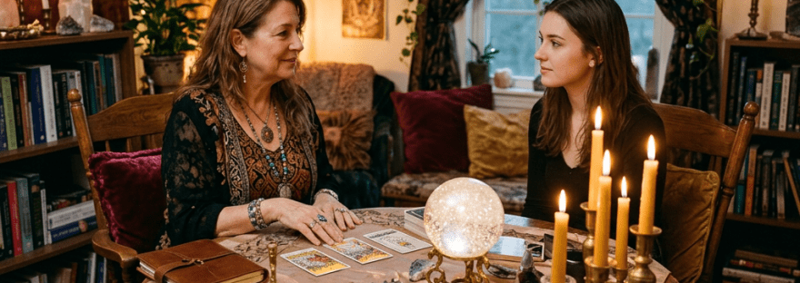 Two women sitting at a round wooden table with tarot cards, crystals, and candles in a cozy room.