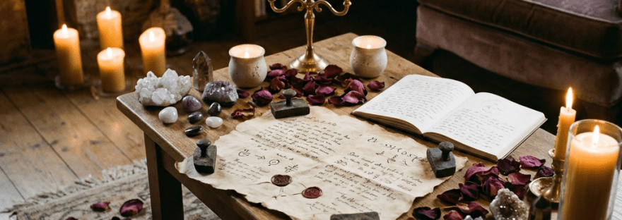 Wooden table with lit candles, crystals, dried rose petals, handwritten scroll and open book in cozy room
