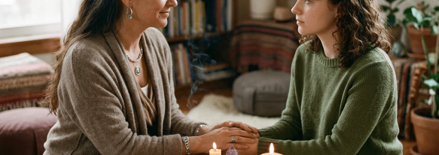 Two people holding hands across a table with tarot cards, candles, and crystals