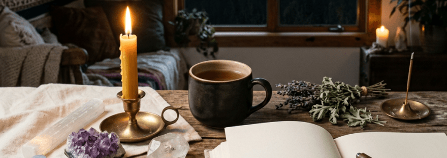 Open journal beside candles, tea, crystals, and dried herbs under a full moon