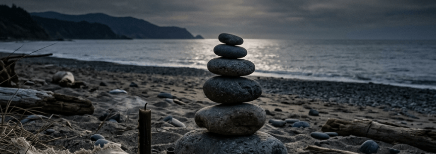 Stacked stones and candle on a moonlit beach beneath a full moon