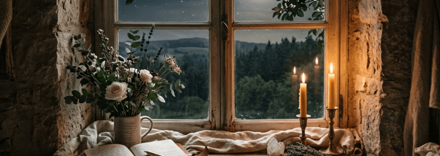 Person sleeping in a rustic bedroom beside a moonlit window and candles
