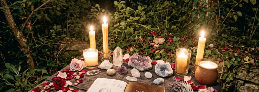 Candlelit table with crystals, rose petals, flowers, and a Night Reflections journal under a full moon