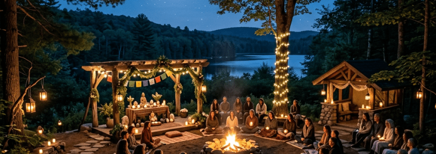 People gathered around a campfire beside a moonlit lake