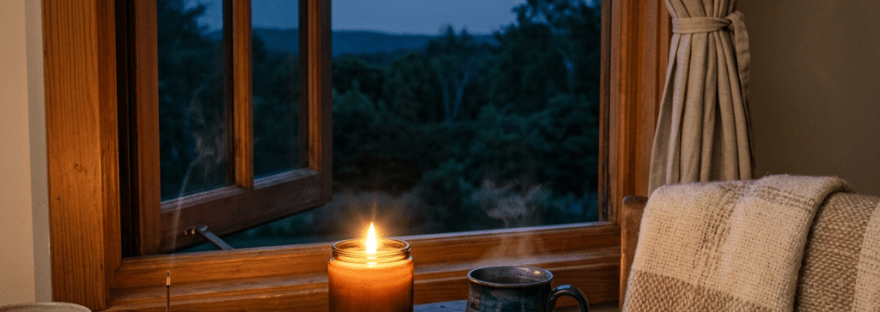 Candlelit table with journal and tea beside a moonlit window