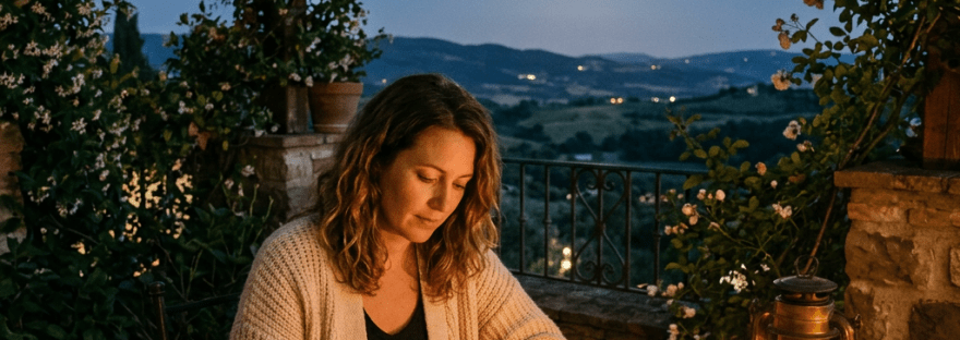 Woman journaling beside tea on a moonlit terrace overlooking hills