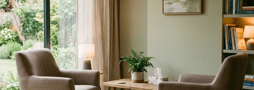 Two armchairs and a wooden table in a cozy reading nook