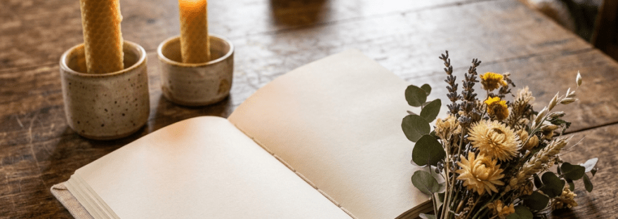 Open blank journal with candles, coffee, and dried flowers on wooden table