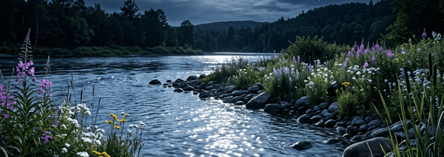 Full moon over a flower-lined river surrounded by forest