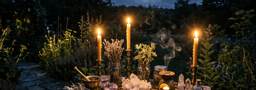 Moonlit garden altar with candles, crystals, herbs, and tarot cards