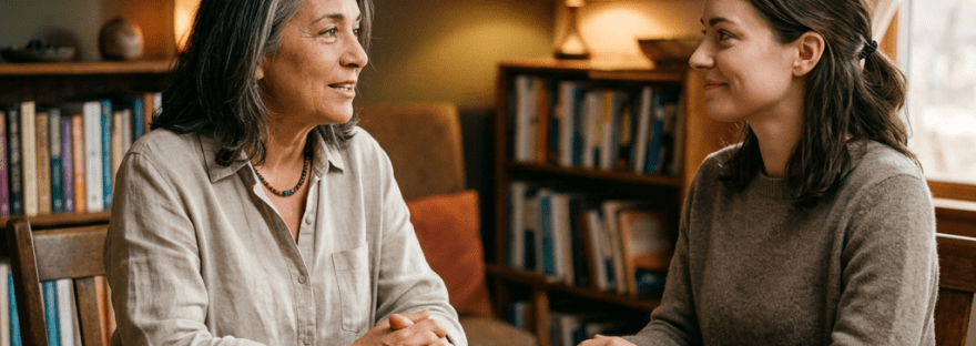 Two women talking at a wooden table with books and coffee