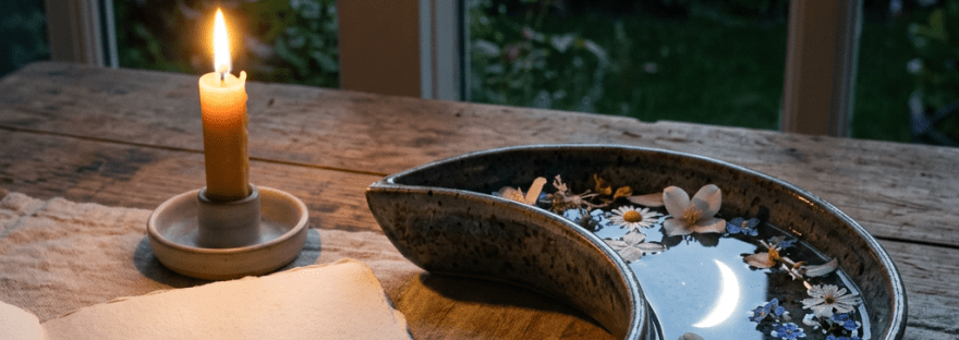 Candle, blank journal, and flower-filled crescent bowl beneath a crescent moon