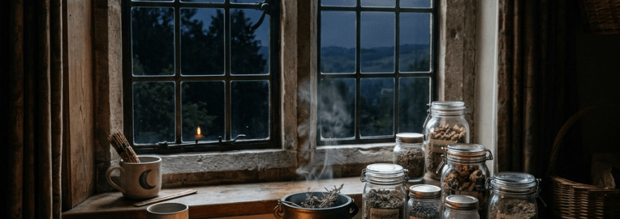 Herbalist table with herbs, jars, candle, open notebook, and full moon