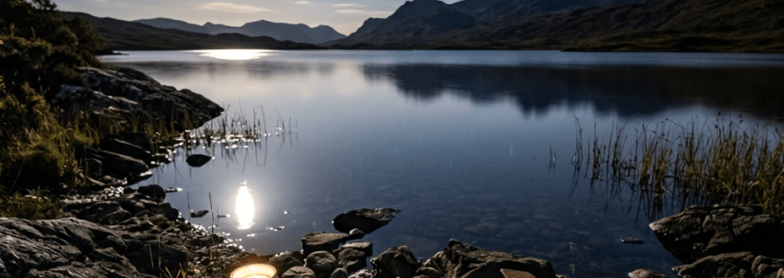 Open journal and candle beside a moonlit mountain lake
