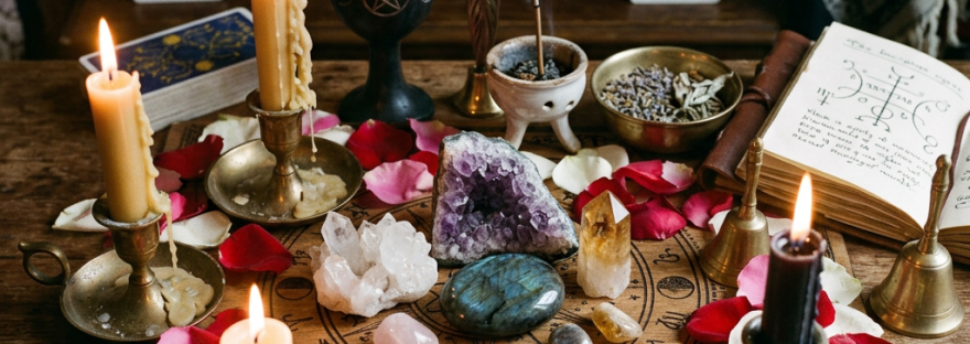 Altar with candles, tarot cards, crystals, incense, dagger, and rose petals