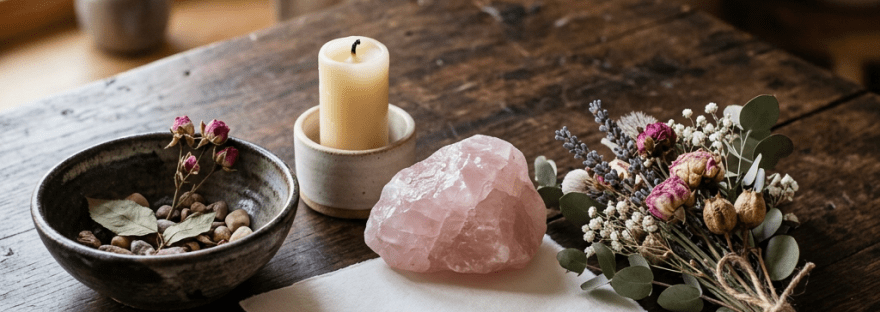 Candle, rose quartz, dried flowers, and blank paper on wooden table