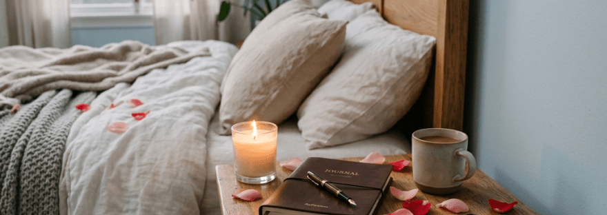 Cozy bedroom with journal, candle, coffee, phone, and rose petals
