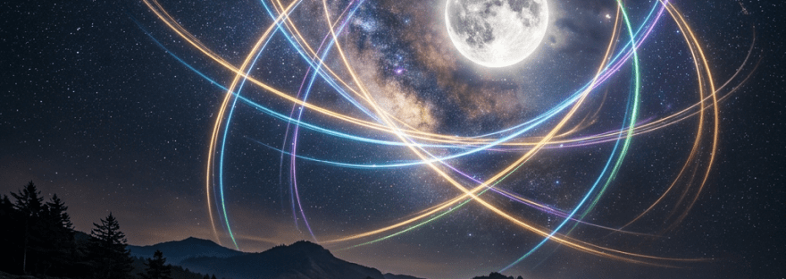 Intertwined celestial arcs beneath full moon