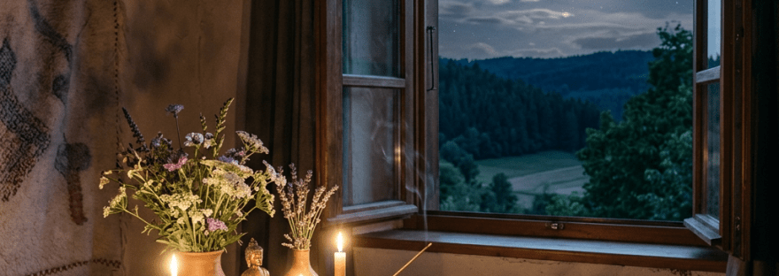 Candlelit meditation table beside an open window overlooking a moonlit forest