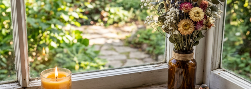 Open handwritten journal beside a candle, dried flowers, and garden window