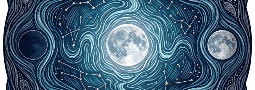 Stylized celestial artwork with moon phases, constellations, planets, and swirling blue patterns