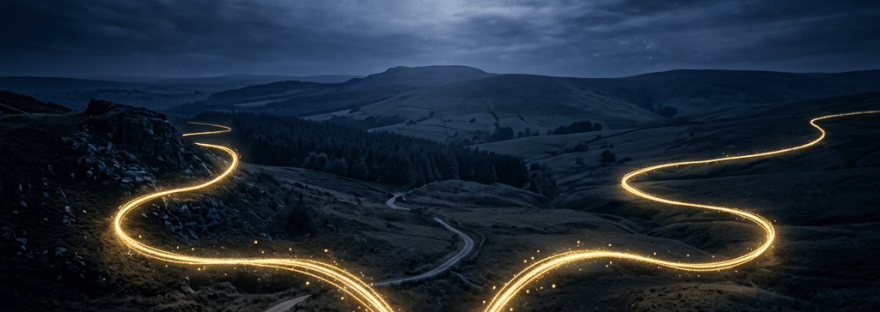 Glowing paths converge beneath a full moon over rolling hills