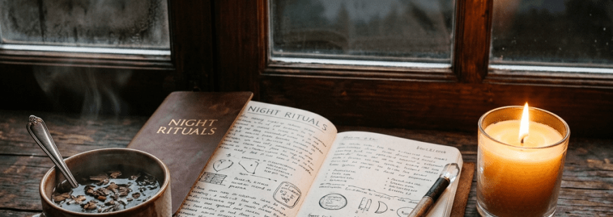 Open night rituals journal beside tea, candle, crystals, and herbs under a full moon