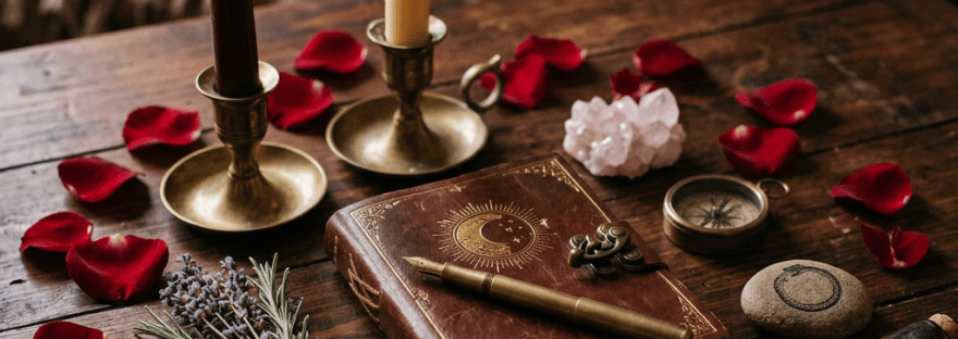 Candlelit wooden table with journal, rose petals, herbs, and ritual objects