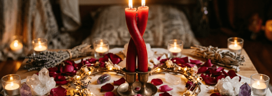 Twisted red candles surrounded by rose petals, crystals, herbs, and small lights
