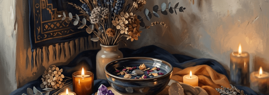 Candlelit altar with crystals, dried flowers, bowl, and celestial tapestry