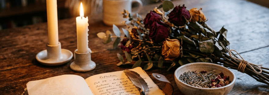 Open journal beside candles, dried flowers, tea, and a bowl of herbs