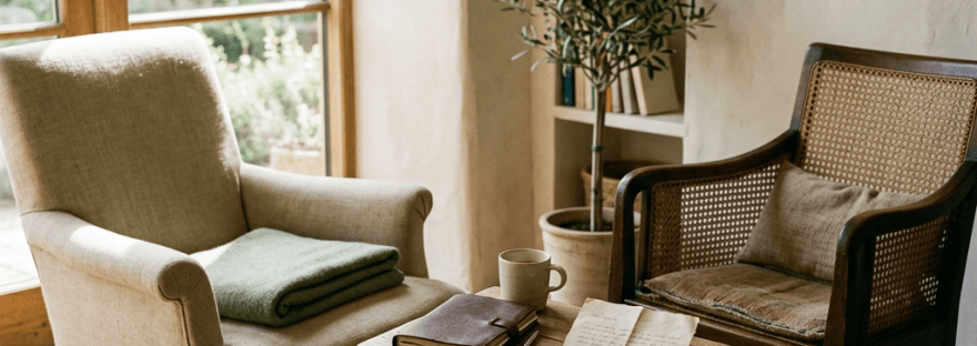 Sunlit reading nook with two chairs, books, notes, coffee, and potted tree